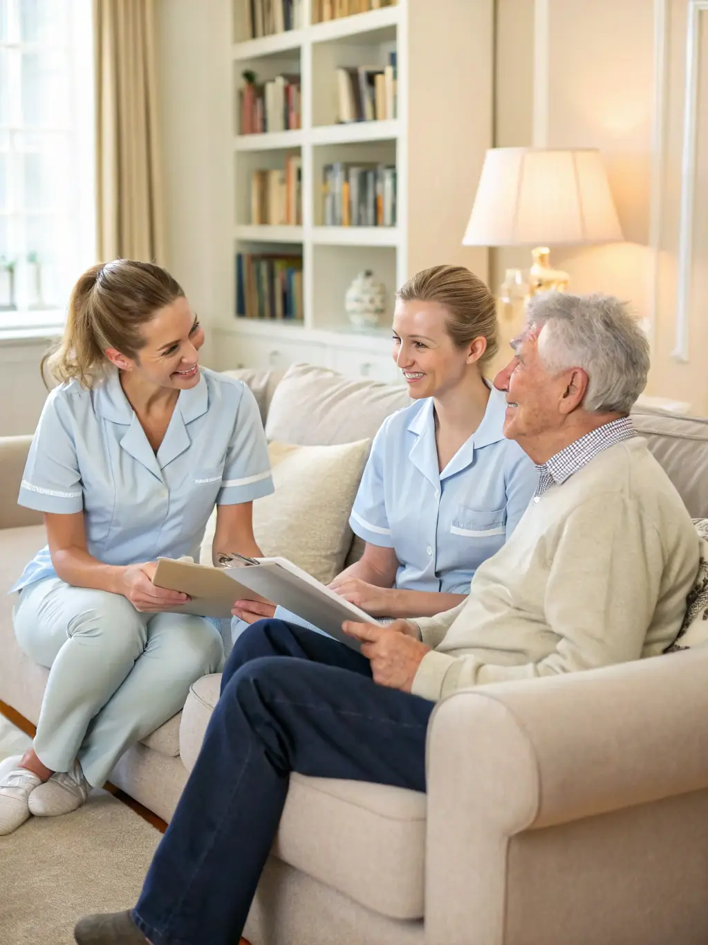 A dedicated team of medico-social professionals providing support to a family, showcasing AHSM's holistic approach to patient care.