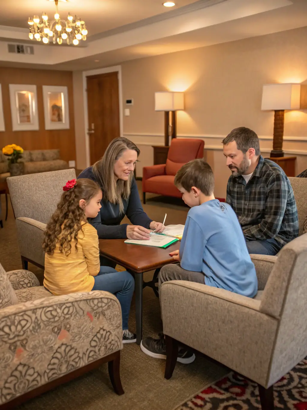 A family receiving counseling and support from AHSM's family services team.