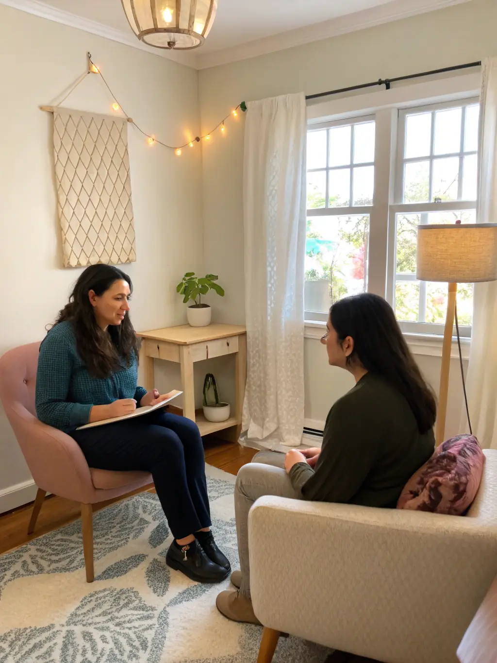 A caring psychiatrist consulting with a patient in a comfortable clinic setting, representing AHSM's psychiatric care services.