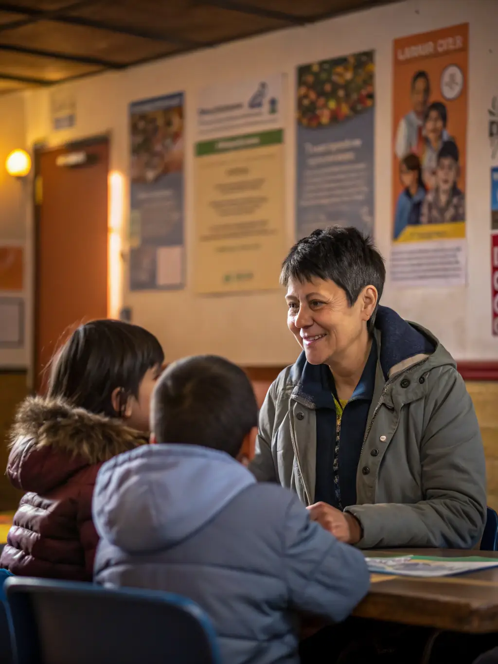 A social worker engaging with a family during a community outreach program, showcasing AHSM's social services.