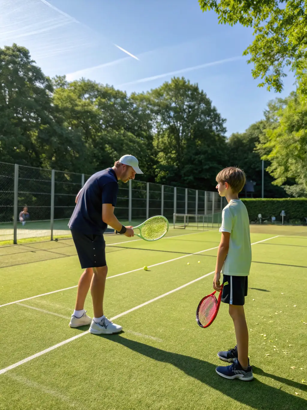 A focused image of a tennis coach providing personalized instruction to a player, emphasizing technique and strategy refinement at the TCMM Tennis Club.