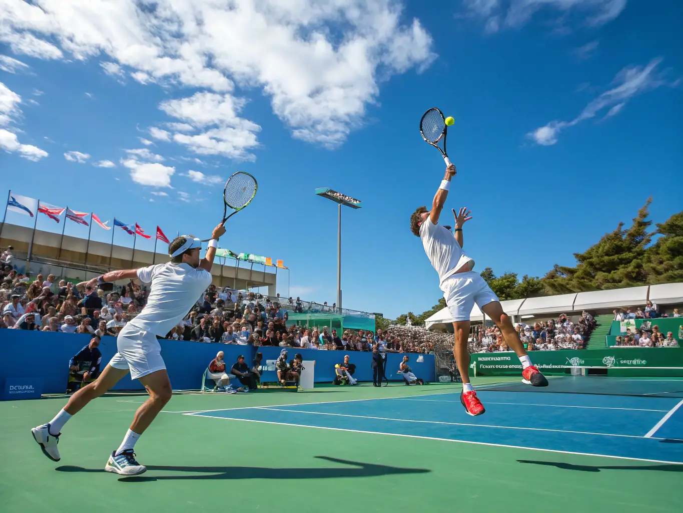 An action shot of adults participating in a doubles tennis match during a club tournament at TCMM Tennis Club, showcasing the competitive spirit and camaraderie.