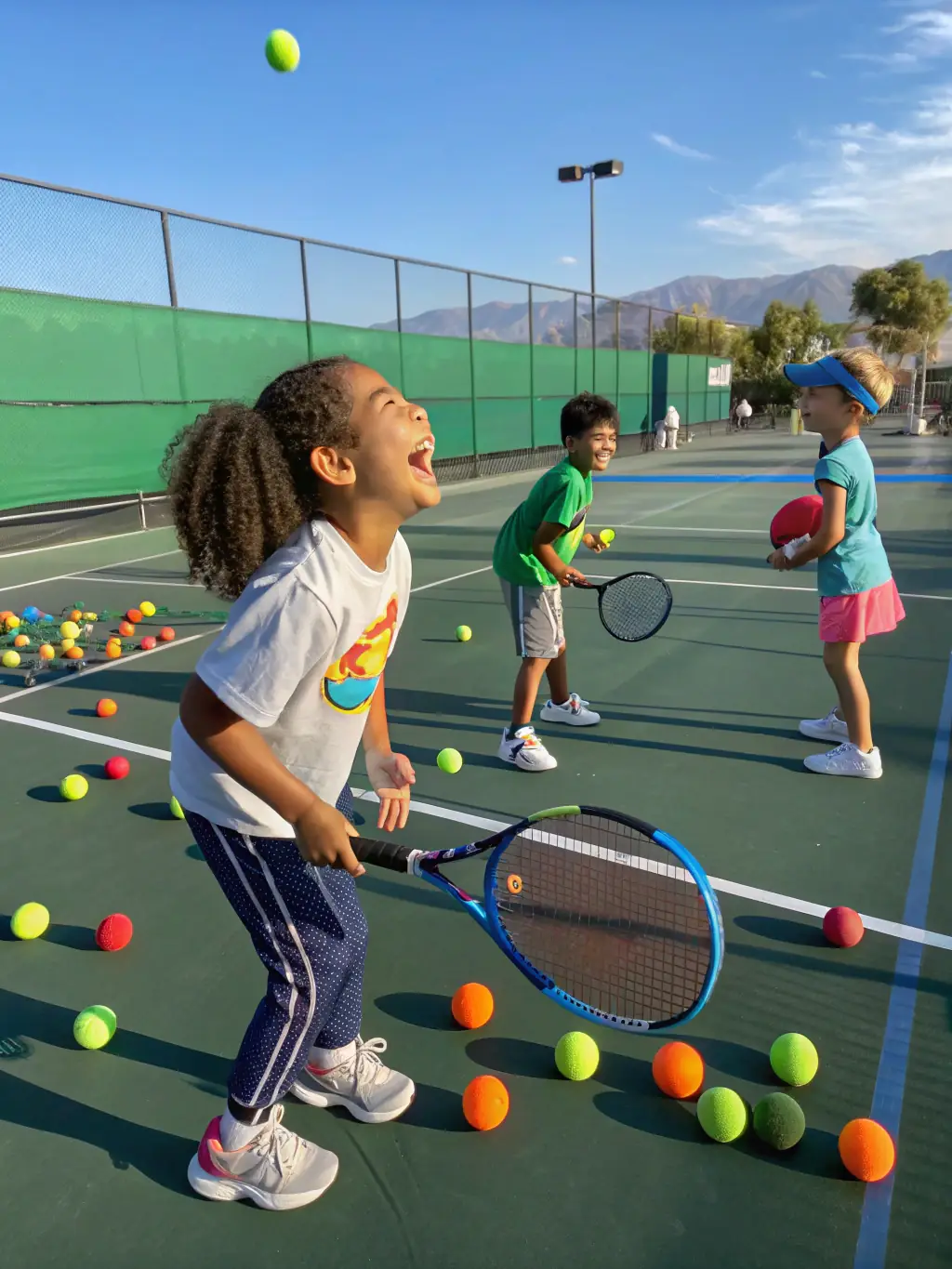 A vibrant image of young children participating in a tennis lesson on a sunny court, focusing on their enthusiastic expressions and the coach's guidance at the TCMM Tennis Club.