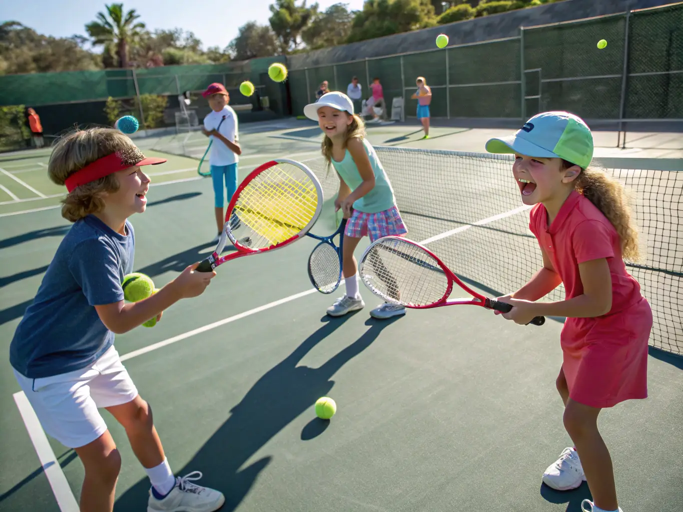 A vibrant image of children participating in a junior tennis clinic on a sunny outdoor court at TCMM Tennis Club, with a coach providing instruction.