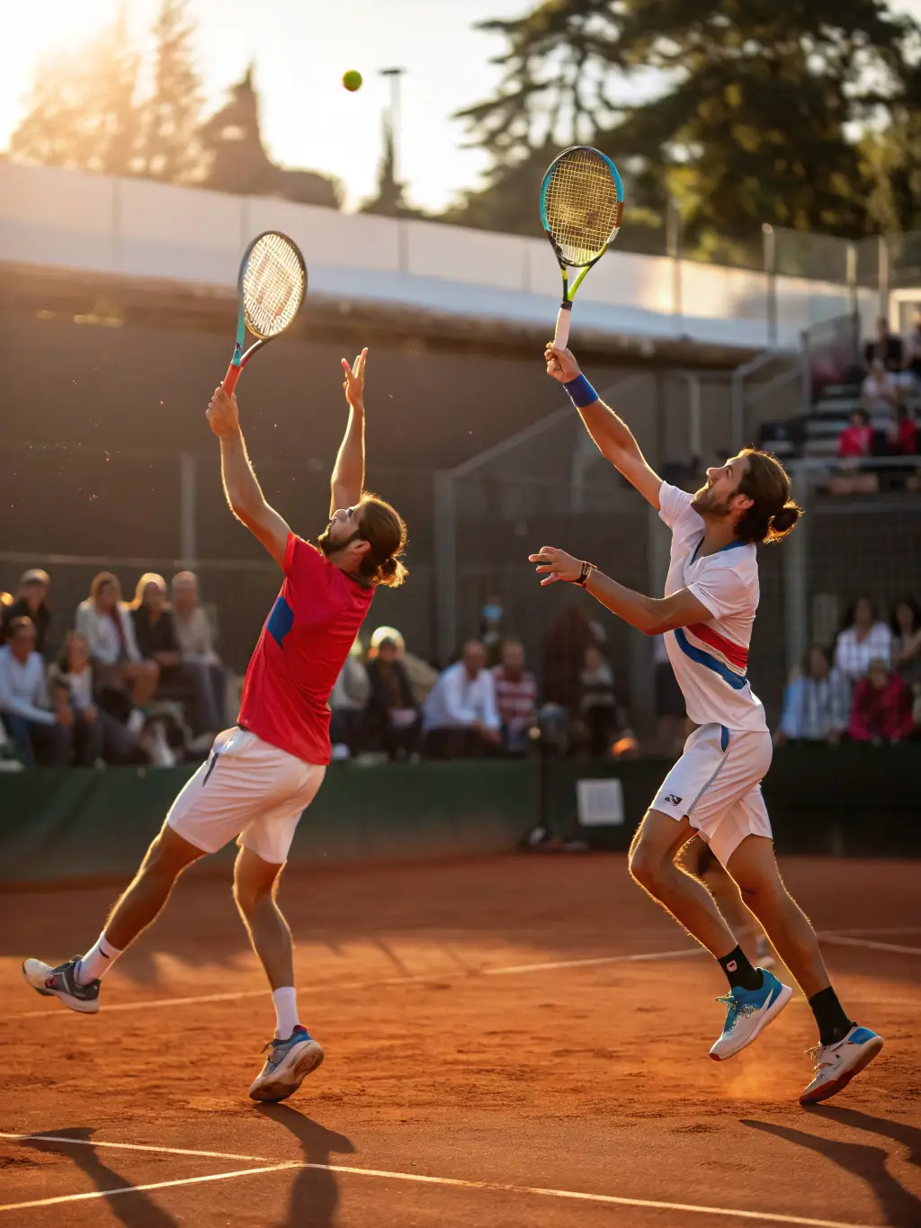 An action shot of adult players engaged in a competitive doubles match on a clay court, showcasing their skill and teamwork during a TCMM Tennis Club tournament.