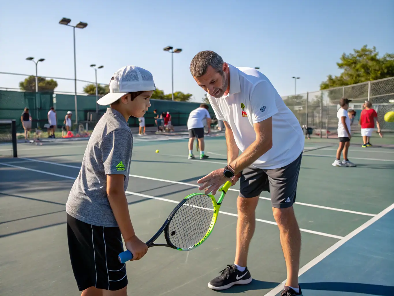 A focused image of a tennis coach providing one-on-one instruction to a player on the court at TCMM Tennis Club, emphasizing personalized training.